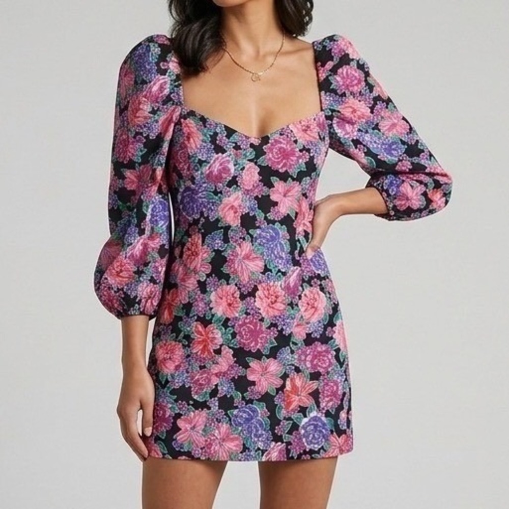 Cottagecore Romantic Zara Mini Party Dress Medium Black‎ Pink Floral Puff Sleeve